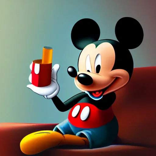 Image similar to mickey mouse holding a giant joint while sitting on a couch in a messed up apartment, red eyes, smoke, beautiful digital art, amazing detail, artstation, award winning, sharp