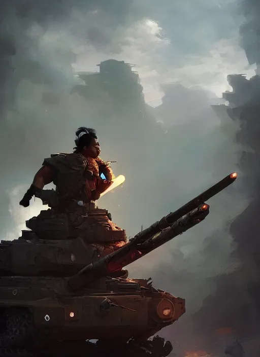 Image similar to side profile of a filipino fighter holding a scepter next to a tank, fantasy, digital painting, volumetric light, intricate, sharp, focus, bloom, illustration, highly detailed, concept art, matte, ruan jia and greg rutkowski, masterpiece