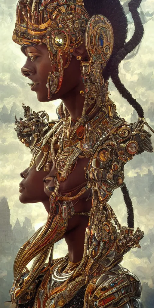 Prompt: HDR portrait photography of The Benevolent Cyborg Queen vertically mirrored above The Evil Cyborg King, ethnic, fantasy, intricate, elegant, highly detailed, African, Egyptian, Aztec, Mayan, digital painting, artstation, HDR photo, smooth, sharp focus, illustration, art by artgerm and greg rutkowski and alphonse mucha