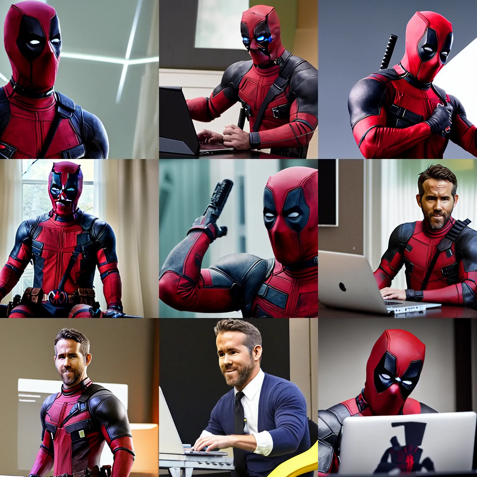 Prompt: ryan reynolds as deadpool browsing discordapp on his laptop, photograph