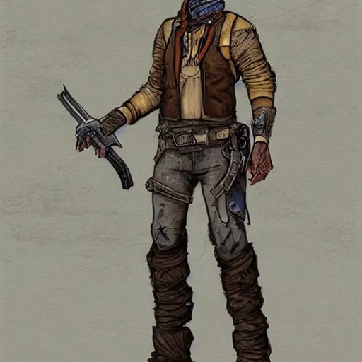 Prompt: full body concept art of a post-apocalyptic gunslinger in the style of high fantasy art in the style of Wild west art art trending on artstation deviantart Pinterest detailed High Resolution HD 8k cell shaded full colour bright colour