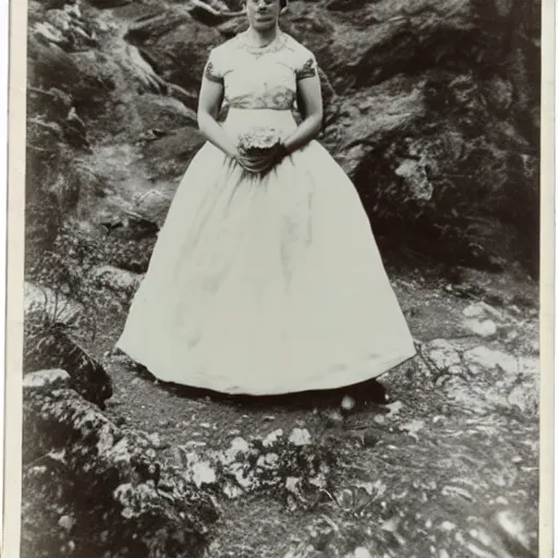 Image similar to a vintage photo of Frida kahlo rock climbing and wearing a wedding dress, 8k