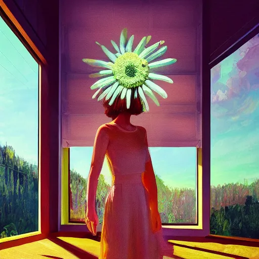 Prompt: gigantic daisy flower head, woman standing next to modern window in luxury loft, surreal photography, sunlight, impressionist painting, digital painting, artstation, simon stalenhag