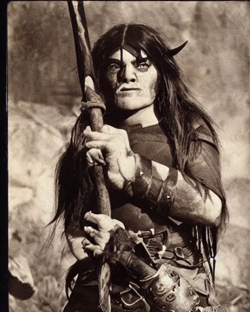 Image similar to female half orc with brown hair, melee weapons, dnd, leather clothing, photo by gertrude kasebier