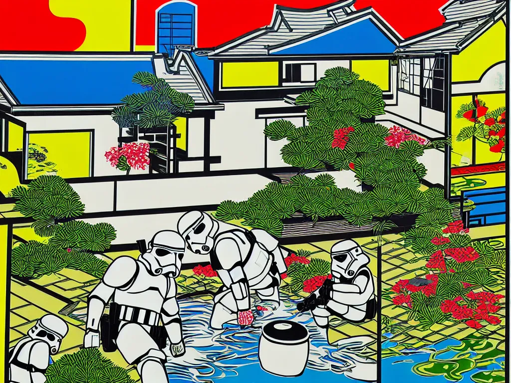 Image similar to detailed close - up image of the japanese home with a garden and a pond, 2 stormtroopers sitting around it, pop - art style, jacky tsai style, andy warhol style, roy lichtenstein style, rich palette, acrylic on canvas