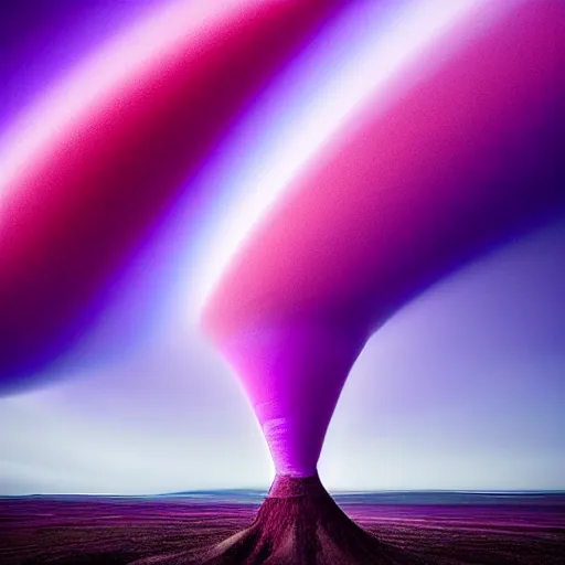 Image similar to amazing landscape photo of a purple tornado in the shape of a cone by marc adamus, digital art, beautiful dramatic lighting