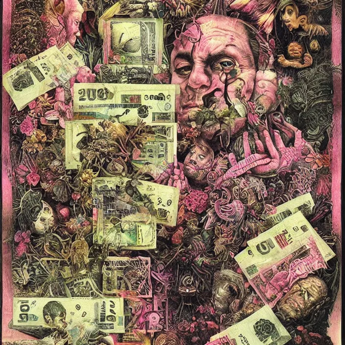 Image similar to new age album cover, asymmetrical design, viktor orban, dollar bank notes, capitalism, magic, psychedelic, black white pink, highly detailed, magic, giger h. r., giuseppe arcimboldo