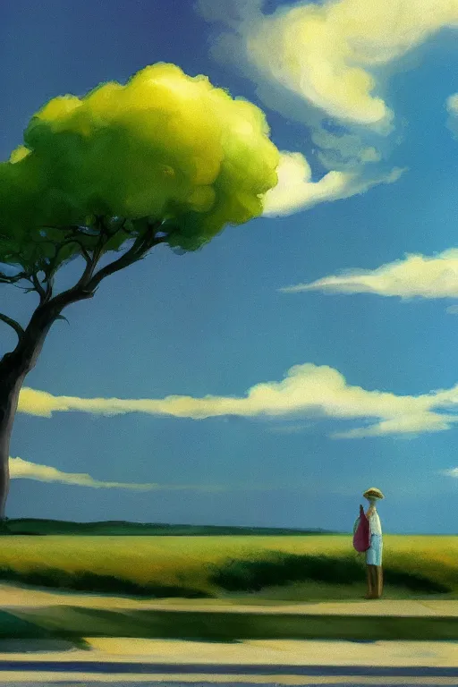 Prompt: beautiful digital matter cinematic painting of fantasy tree and candy cloud sky watercolor edward hopper artstation