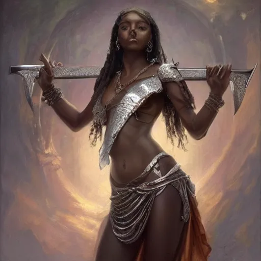 Prompt: artstation concept of a beautiful girl holding a sword in both hands, brown skin, symmetrical face, silver garment, shiny colorful, hyperdetailed, artstation trending, world renowned artists, worth1000.com, historic artworks society, antique renewel, cgsociety, by greg rutkowski, by Gustave Dore, Deviantart