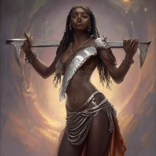 Image similar to artstation concept of a beautiful girl holding a sword in both hands, brown skin, symmetrical face, silver garment, shiny colorful, hyperdetailed, artstation trending, world renowned artists, worth1000.com, historic artworks society, antique renewel, cgsociety, by greg rutkowski, by Gustave Dore, Deviantart