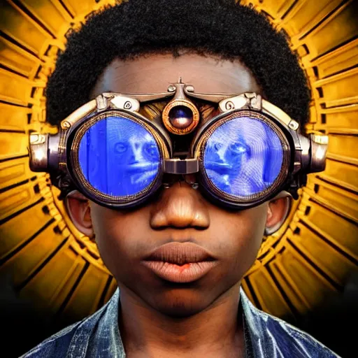 Prompt: colourful vfx upper half - portrait - art of a nigerian boy wearing steam punk goggles, art by utagawa kunisada, james jean & alphonse mucha, symmetrical, intricate detail, concept art, volumetric light, ray tracing, caricature, digital illustration, octane 3 d render, unreal engine, sharp, pinterest, behance, art station,