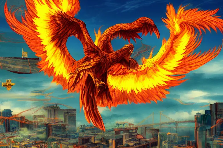 Prompt: radioactive phoenix flying over a riverside town, illustration, detailed, celshaded