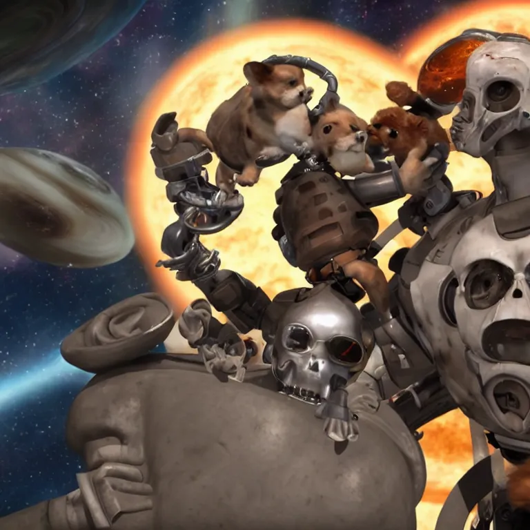 Image similar to t 8 0 0 terminator eating sandwich, hugging a cute puppy while surfing on a saxophone over rings of saturn in space, team fortress 2 sцcreenshot