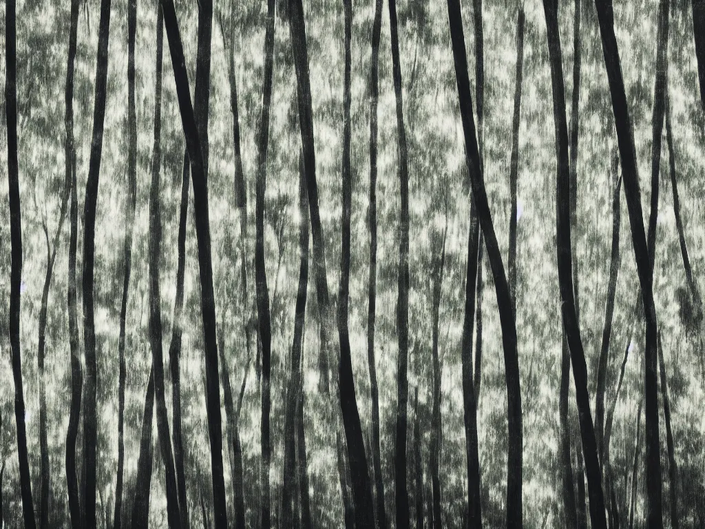 Prompt: double exposure photograph of tens of eucalyptus trees, soft light, autumn, in the style of edward steichen and klee,