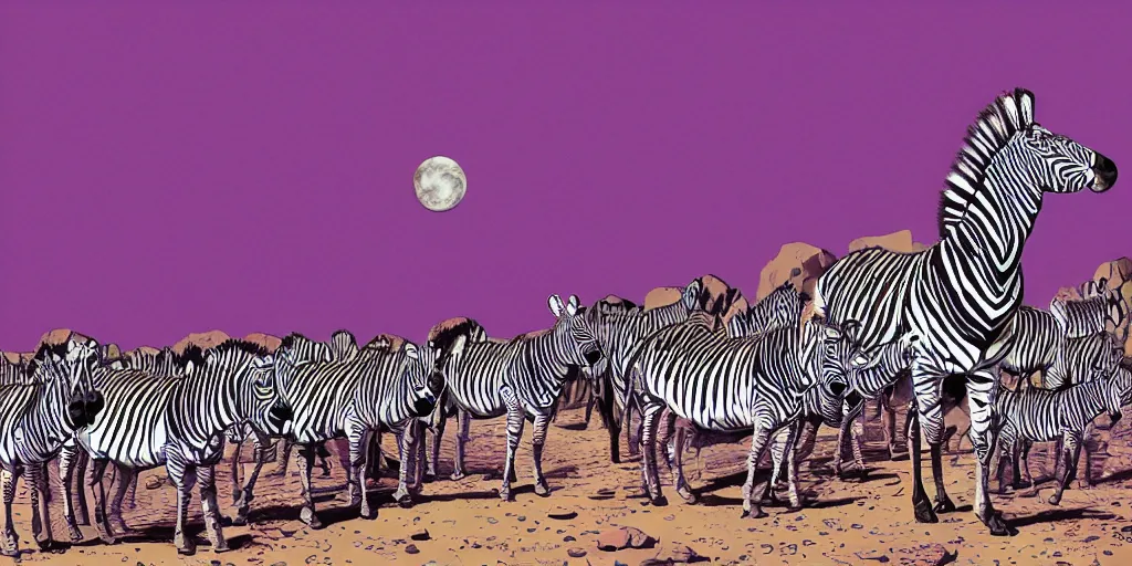 Prompt: neurotic depiction of a contemporary zebra herd, y 2 k aesthetic, dark purple background, bonestell, chesley, 4 k