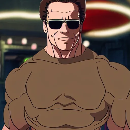 Image similar to arnold schwarzenegger as anime character, kyoto animation, magical