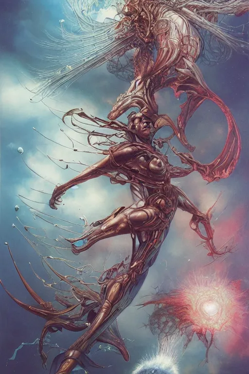 Image similar to now is the time to relaunch the dream weapon, by artgerm and yoshitaka amano and moebius and hr giger and zdislaw beksinski, hyperdetailed, surreal, dc comics, ornate, stunning, nebula, explosions in the sky, trending on artstation