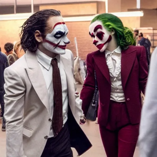 Image similar to ultra realistic candid photograph from joaquin phoenix with lady gaga in new joker movie footage's, intricate details, face details, proportional body details, full medium shot, paparazi shot