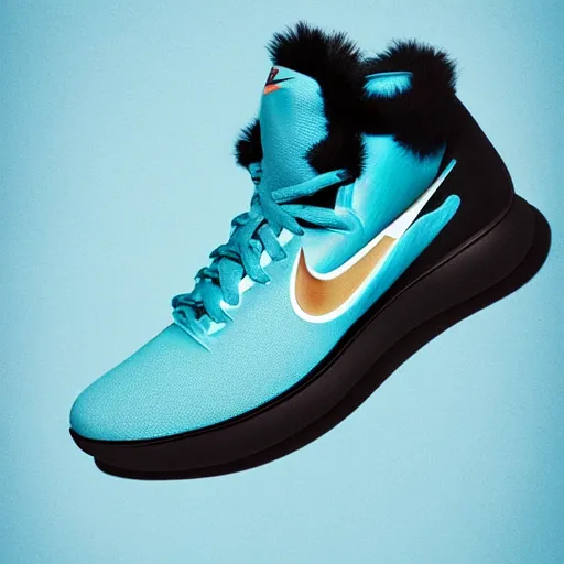 Image similar to poster nike shoe made of very fluffy cyan and black faux fur placed on reflective surface, professional advertising, overhead lighting, heavy detail, realistic by nate vanhook, mark miner