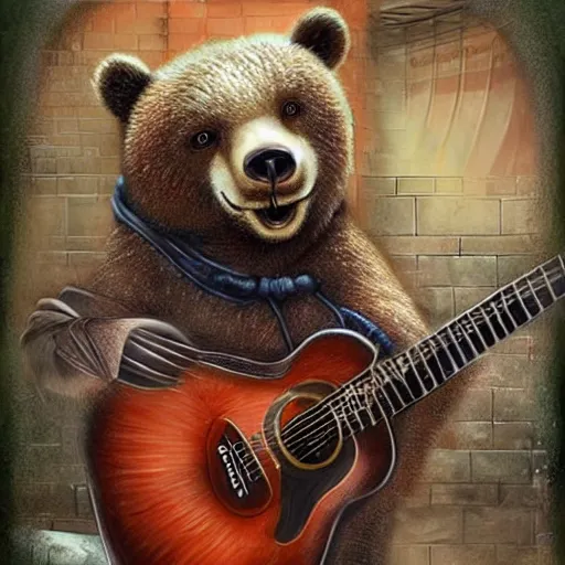 Image similar to realistic bear playing guitar in Subway, fantasy, epic detail, sharp, photorealistic, atmospheric,