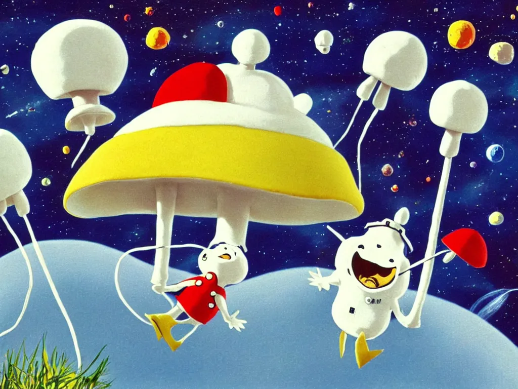 Prompt: moomins in space suits flying around with jetpacks discovering the mushroom planet, photorealistic painting, cgi, low light, movie still, very cozy and fluffy and sweet