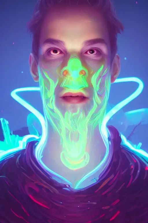 Prompt: Digital portrait of mystical god of fantasy realm with neon glowy eyes, hyperdetailed, artstation, concept art, smooth, gorgeous volumetric lighting, in style of simon stalenhag, stunning portrait, 4k