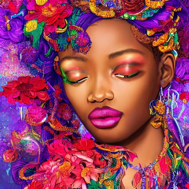 Prompt: studio portrait absurdly beautiful, elegant, lovely, young hypercolorful sensual african idol rubies red petals gems, ultrafine hyperrealistic detailed face illustration by kim jung gi, irakli nadar, intricate linework, sharp focus, bright colors, matte, octopath traveler, final fantasy, unreal engine highly rendered, global illumination, radiant light, intricate rainbow environment