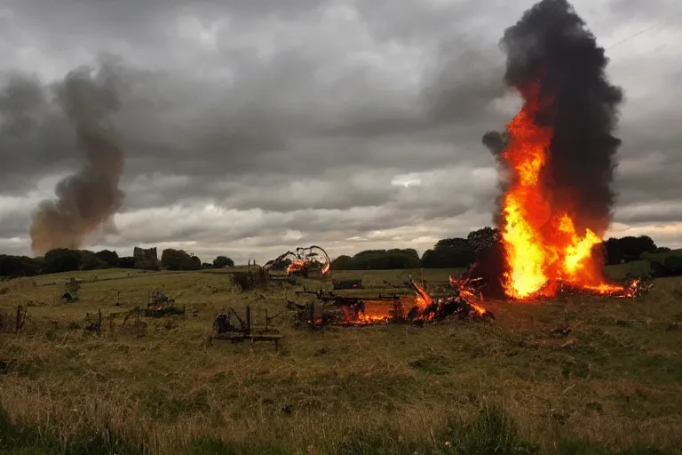 Image similar to beautiful english countryside, a ginormous destroyed streampunk machine lies broken in a field, many people, fire and oil