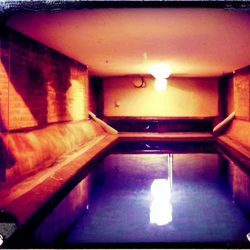 Image similar to underground hotel pool, surreal, polaroid, limimal,