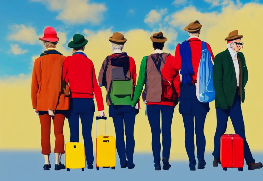 Image similar to full body portrait of a trio of european tourists autumn travel apparel, various poses walking and carrying luggage, character designs painting, in the style of wes anderson, rene magritte, lola dupre, david hockney, isolated on white background, dark monochrome neon spraypaint accents volumetric octane render