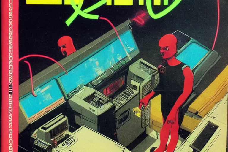 Prompt: 1979 OMNI Magazine Cover depicting a man hooked up to large computer banks. Cyberpunk Akira style by Vincent Di Fate