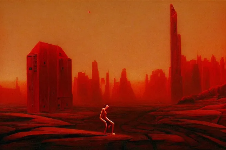 Image similar to only with red, a red god of death eat apple, a futuristic city on mars in background, an ancient path, pathos, in the style of beksinski, part by hopper, part by rodcenko, part by hofbauer, intricate composition, red by caravaggio, insanely quality, highly detailed, masterpiece, red light, artstation