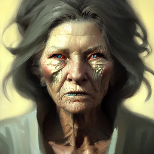 Image similar to an old woman with a mullet, portrait, close up, high detailed, craig mullins, peter mohrbacher, unreal engine, 8 k, dark beauty, trending on artstation