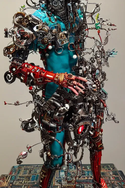 Image similar to full-body cyberpunk style sculpture of a young handsome Aztec prince half android with a chest opening exposing sparked circuitry, exposed motherboard, glowing red eyes, crown of white roses, flowing teal-colored silk, fabric, flowers. baroque elements, human skull. full-length view. baroque element. intricate artwork by caravaggio. many many birds birds on background. Trending on artstation, octane render, cinematic lighting from the right, hyper realism, octane render, 8k, depth of field, 3D