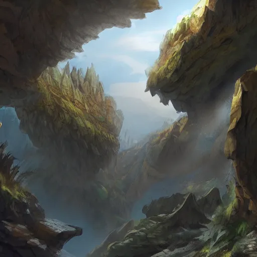 Image similar to Wide shot of a fantasy canyon. Concept art, highly detailed, wide, trending on artstation.