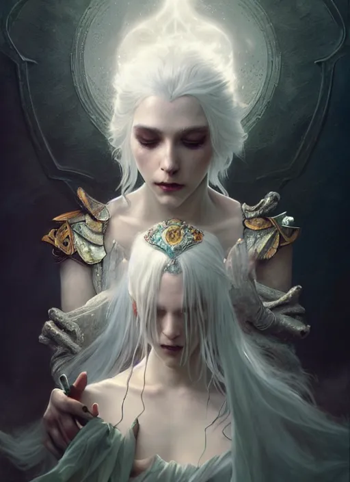 Prompt: a beautiful white haired princess, adorned with precious stone jewelry, intricate concept art, ethereal, ominous, sinister dark fantasy, misty, dramatic lighting, dark background, octane render, 8 k, ruan jia and tom bagshaw and alphonse mucha and marc simonetti
