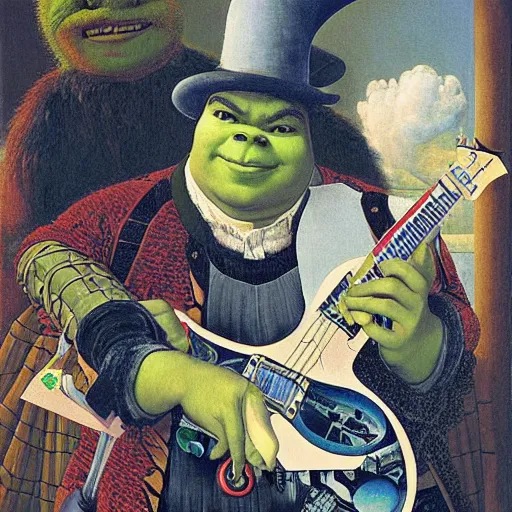 Image similar to Portrait of Jack Black dressed as Shrek, playing Electric Guitar, with beautiful exotic robot. Painting by Jan van Eyck, Audubon, Rene Magritte, Agnes Pelton, Max Ernst, Walton Ford