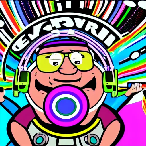 Image similar to svg sticker of a Family-Guy Peter-Griffin at a rave, spinning records, giant headphones rocking out, wearing headphones, huge speakers, dancing, rave, DJ, spinning records, digital art, amazing composition, rule-of-thirds, award-winning, trending on artstation, featured on deviantart