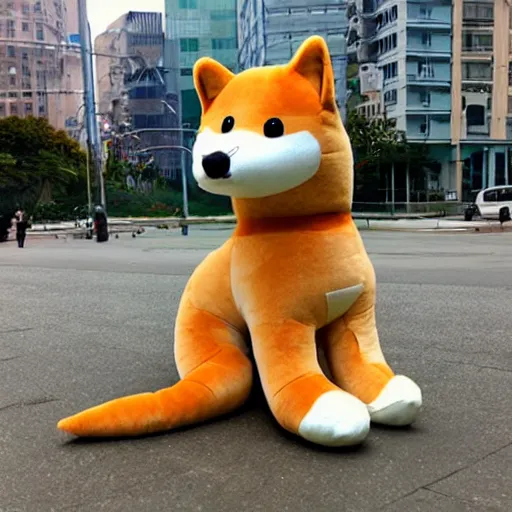 Image similar to a giant plushy shiba inu destroying a city, photo realistic, highly detailed,