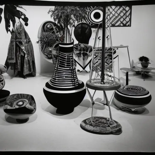 Image similar to A black and white photography of an exhibition space with objects of Sun Ra, Marcel Duchamp and tropical plants, 60s, offset lithography print, close up shot