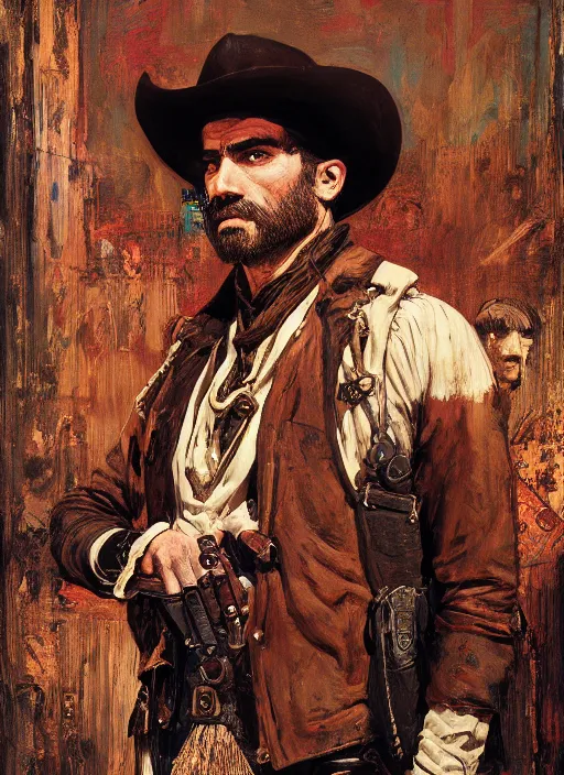 Image similar to Old west resurrectionist (rdr2, laurie greasley). Iranian orientalist portrait by john william waterhouse and Edwin Longsden Long and Theodore Ralli and Nasreddine Dinet, oil on canvas. Cinematic, hyper realism, realistic proportions, dramatic lighting, high detail 4k