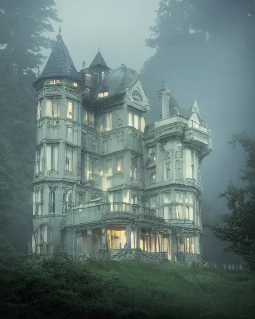 Image similar to a wide angle low photo of a colossal ghostly victorian mansion on the edge of a cliff above a misty forest at night, volumetric light, epic proportions, ultradetailed, 8 k