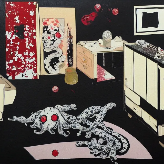 Prompt: japanese bedroom room with black walls, sensual portrait of a woman sleeping, cracked handmade pottery vase, white flowers on the floor, puddle of water, octopus, squashed berries, neo - expressionism, surrealism, acrylic and spray paint and oilstick on canvas