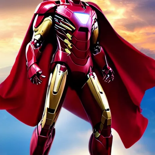 Prompt: Iron Man Superman chimera, caped, flying, stunning photography,