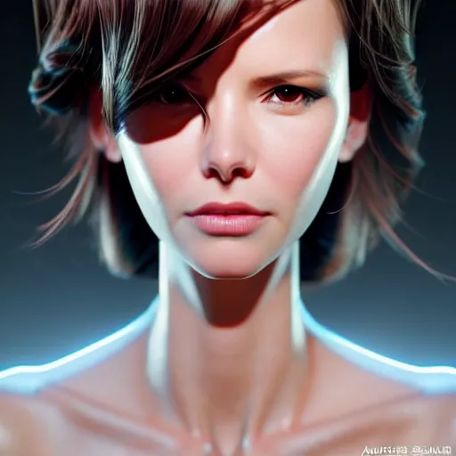 Image similar to kim beckinsale in shock, occlusion shadow, specular reflection, rim light, unreal engine, range murata, artstation, pinterest, art by hiroaki samura and ilya kuvshinov and rossdraws, intricate, highly detailed 8 k, art deco illustration, realistic, extremely beautiful shape of face, neck, shoulders eyes