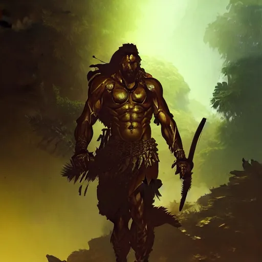 Image similar to ancient warrior in the jungle looking for a golden city by Akihito Yoshitomi AND Yoji Shinkawa AND Greg Rutkowski, Mark Arian trending on artstation