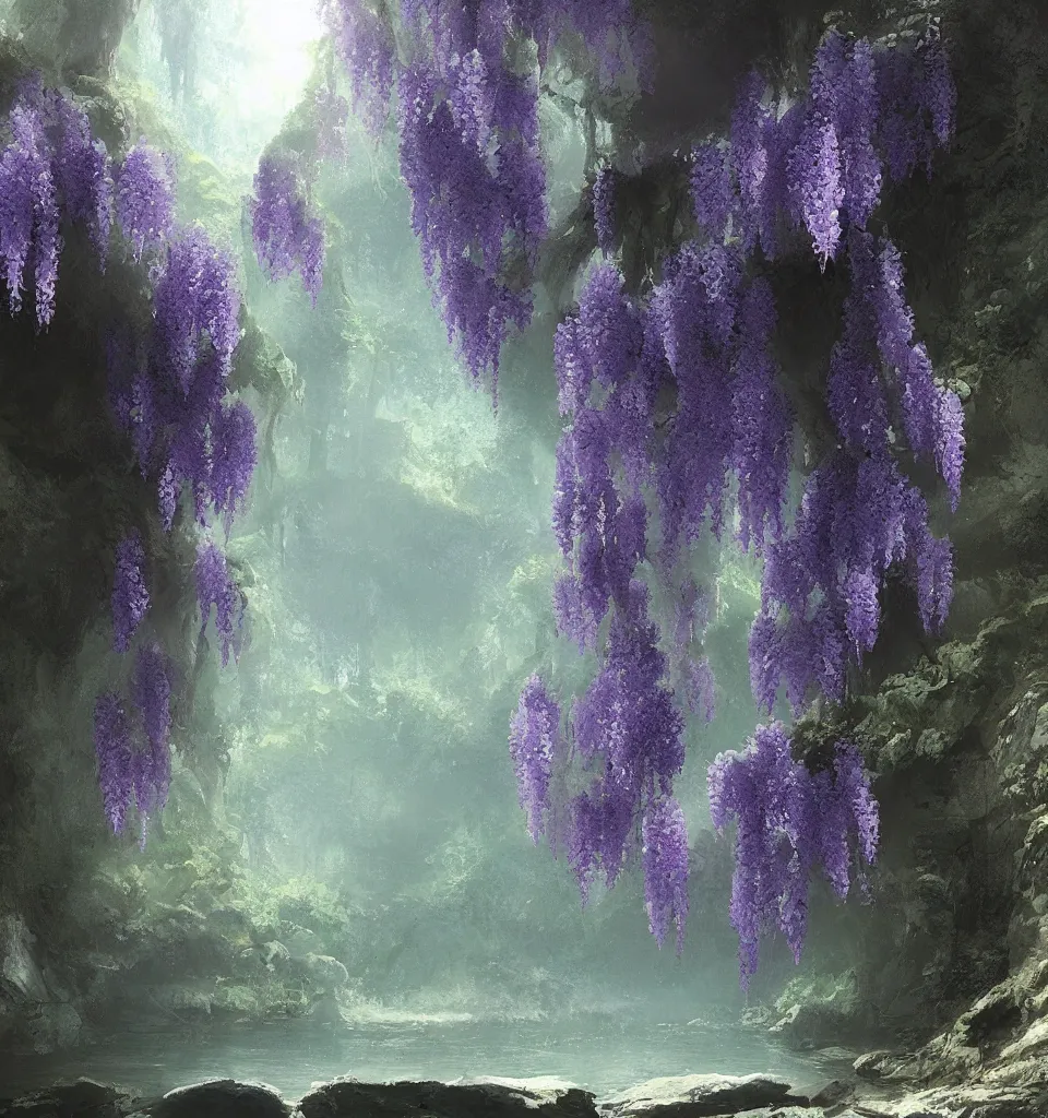 Prompt: “ a painting of a small wisteria tree in a beautiful cave with a lake, a detailed matte painting by artem demura, artstation hq, matte painting, volumetric lighting ”