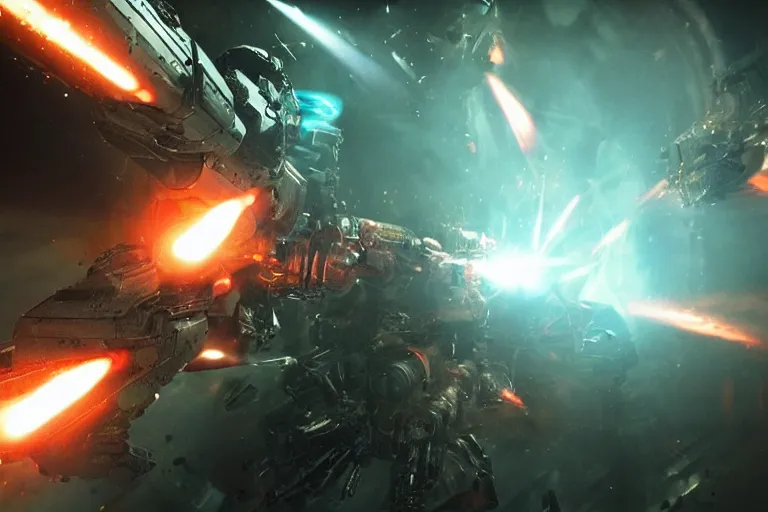 Image similar to VFX movie of a futuristic inhuman alien spacemarines in future spaceship, firing gun at space pirates detailed creature skin neon lighting combat by Michael Bay