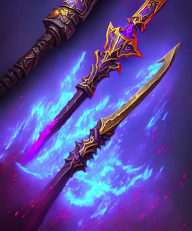 Image similar to dark world of warcraft blizzard weapon art, a burning sword, bokeh. dark art masterpiece artstation. 8k, sharp high quality illustration in style of Jose Daniel Cabrera Pena and Leonid Kozienko, violet colored theme, concept art by Tooth Wu