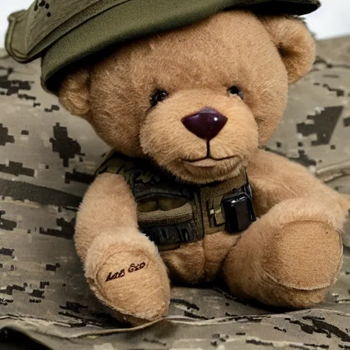 Prompt: a realistic photo shoot of a teddy bear marine soldier 4 k